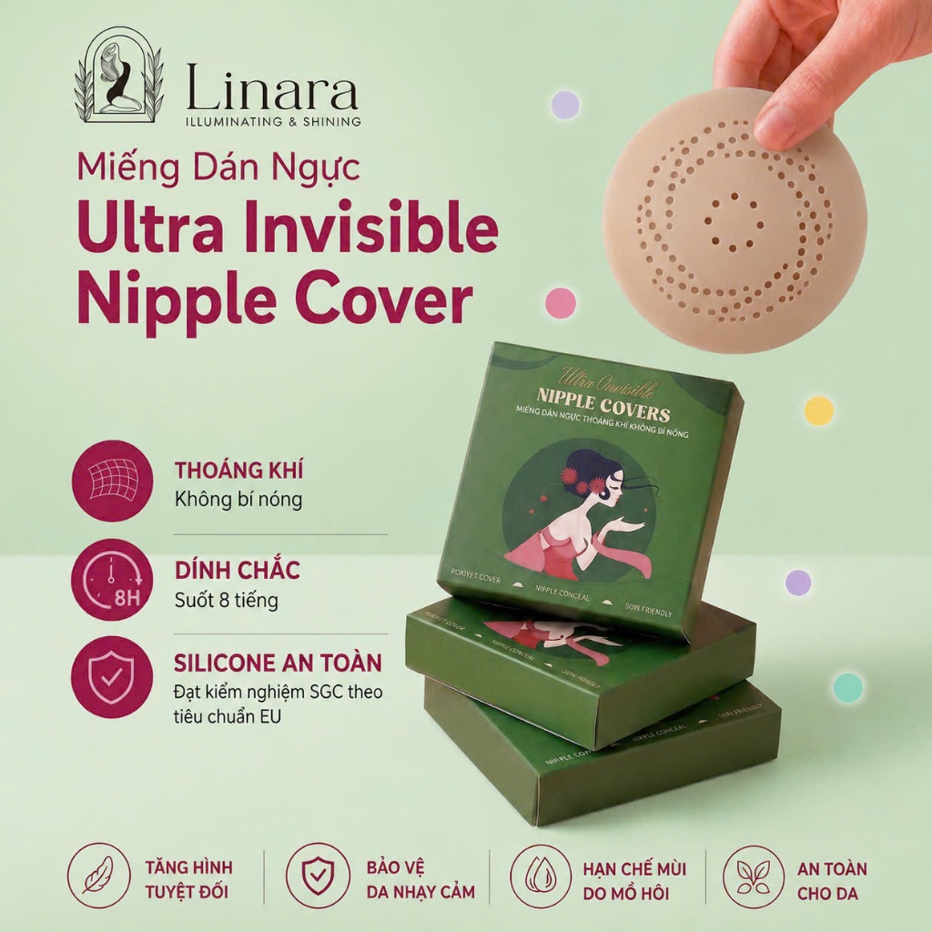 (Có Keo) Miếng Dán Ngực Linara Lỗ Thoáng Khí Ultra Invisible Nipple Covers - Che Phủ Cao,Silicone An