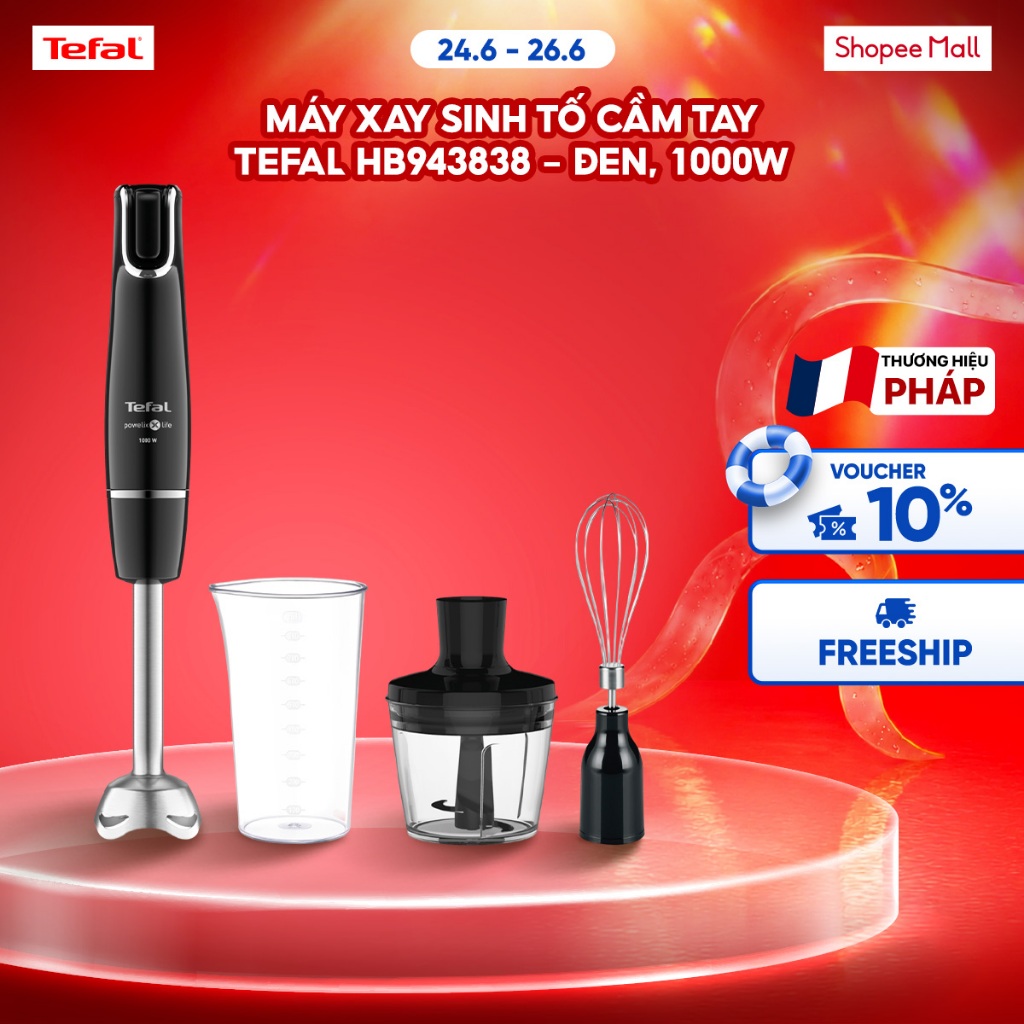 Máy xay sinh tố cầm tay Tefal HB943838 - Đen, 1000W, 0.8L, 0.5L