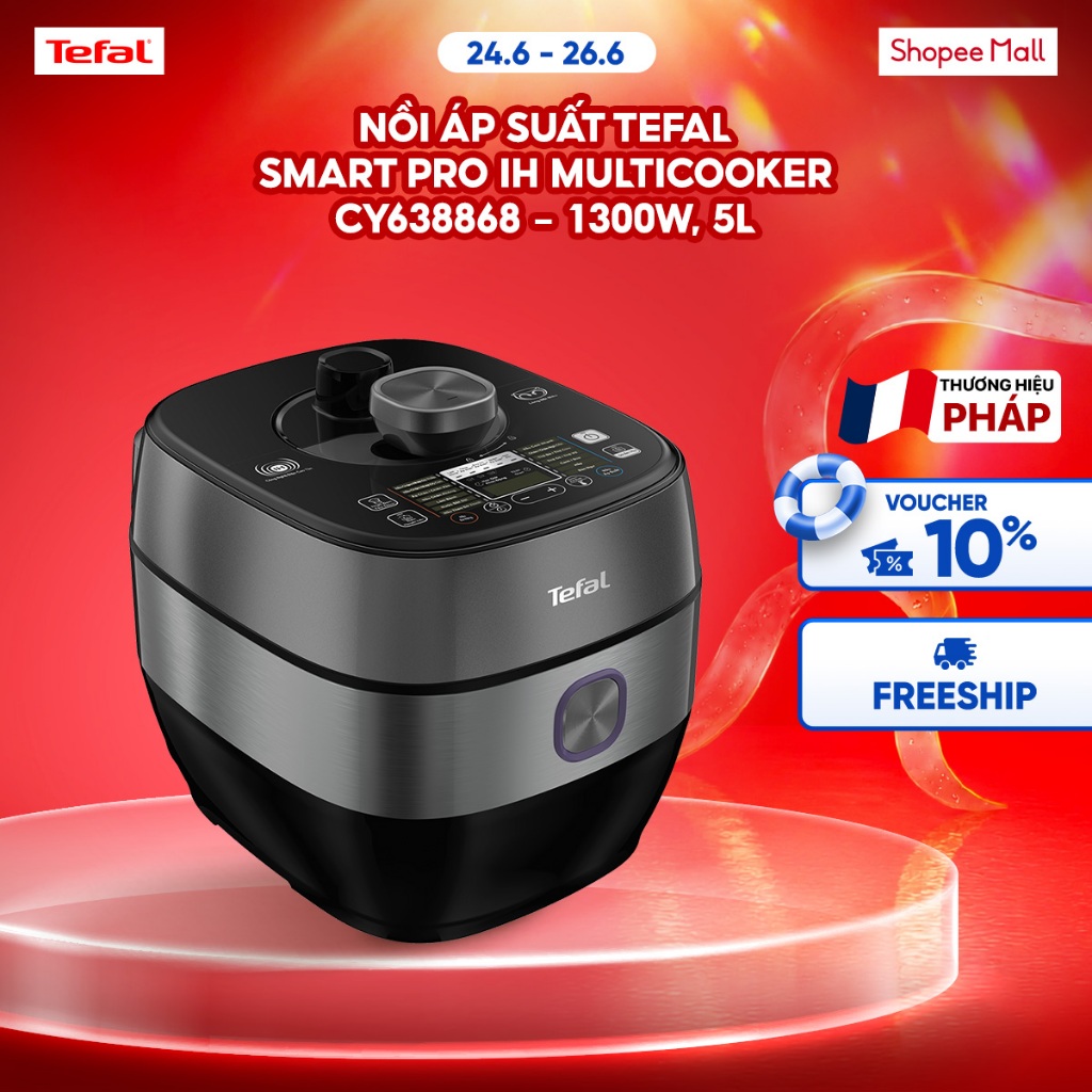 Nồi áp suất điện tử Tefal CY638868 - 5L, Đen - Xám, Công suất 1300W