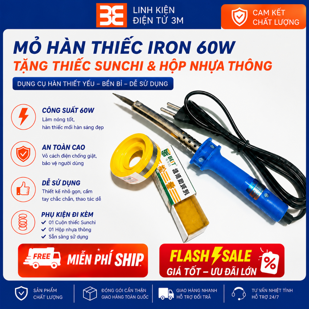 Mỏ hàn thiếc Iron 60W Tặng 01 Cuộn Thiếc Sunchi và 01 Hộp Nhựa Thông, máy hàn thiếc cầm tay