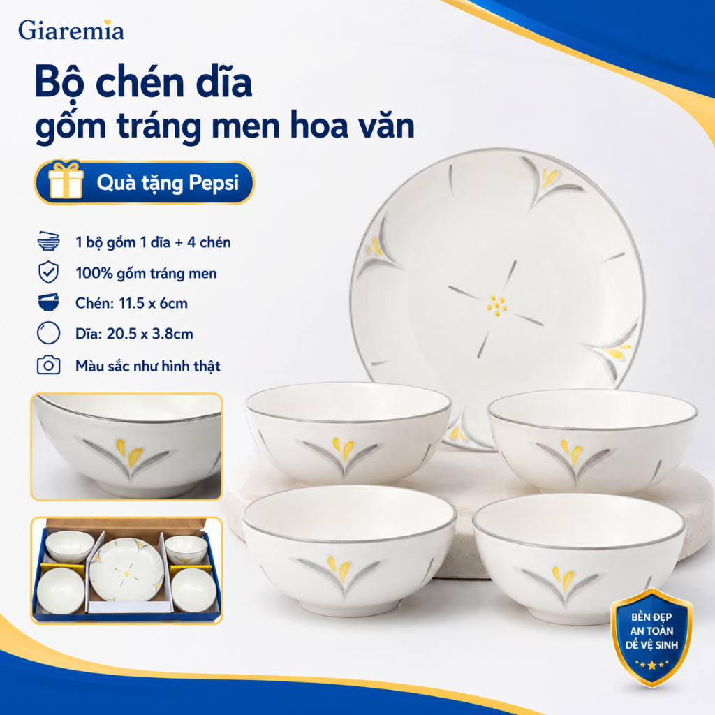 Bộ chén dĩa gốm tráng men hoa văn quà tặng Pepsi