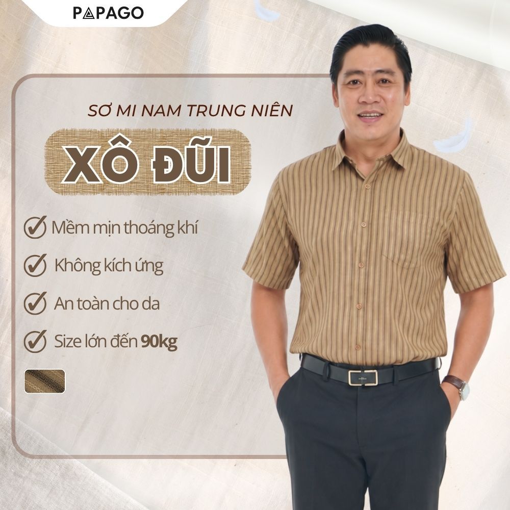 [DEAL SỐC] Áo Sơ Mi Nam Trung Niên PAPAGO Tay Ngắn Linen Không Nhăn Thoáng Mát Kẻ Sọc - P24SNKD004