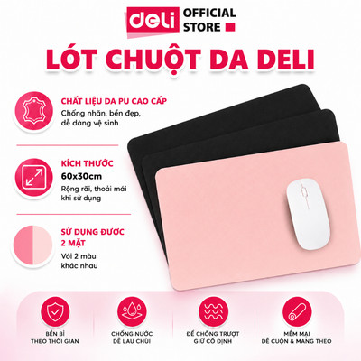 Lót Chuột Da DELI 2 Mặt Cỡ Lớn, Bàn Di Chuột Pad Da PU Chống Nước Dày Dặn Siêu Bền Chống Trầy Xước