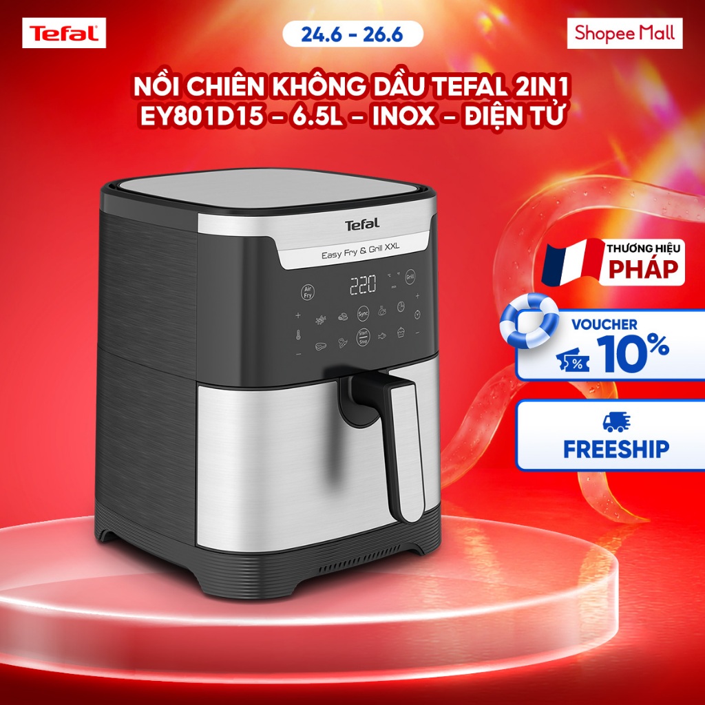 Nồi chiên không dầu Tefal EY801D15 6.5L XXL - Đen bạc, 220V/50Hz, 1830W, 99% giảm chất béo