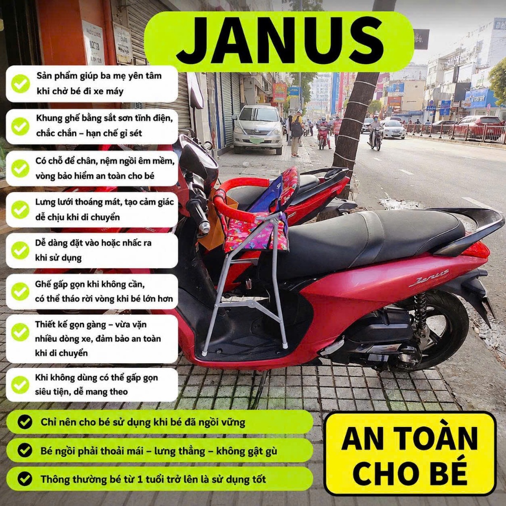 Ghế ngồi xe máy JANUS cho bé , Ghế ga xếp sắt sơn tĩnh điện gấp gọn