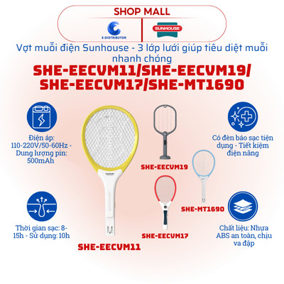 [HỎA TỐC] Vợt muỗi Sunhouse SHE-EECVM11/SHE-EECVM17/SHE-EECVM19 - Pin Lithium 500mAh - Sạc nhanh