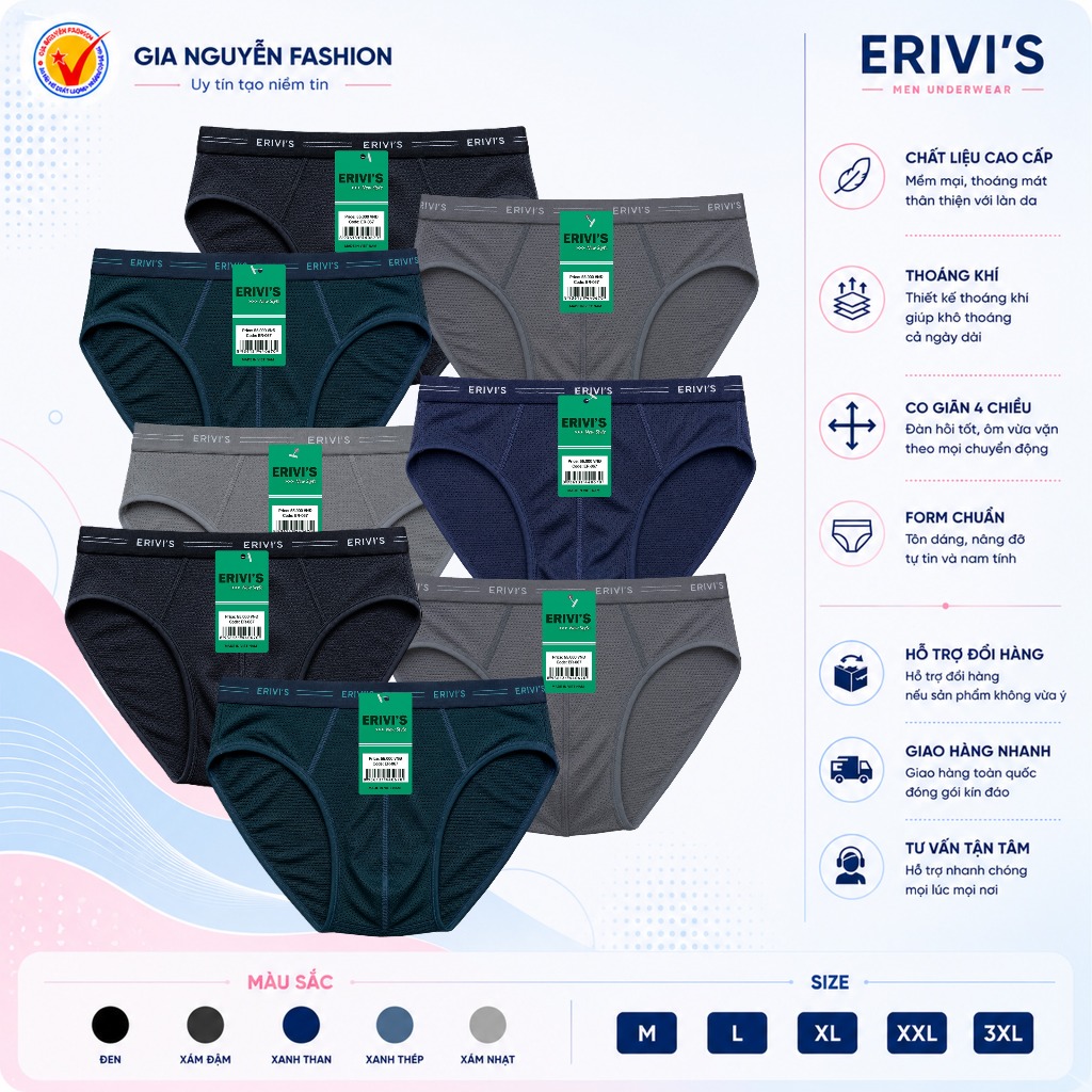 (Giá sỉ) Combo 8 Quần lót nam, chất liệu cotton lạnh thông hơi, thương hiệu ERIVIS Việt Nam, hàng ca