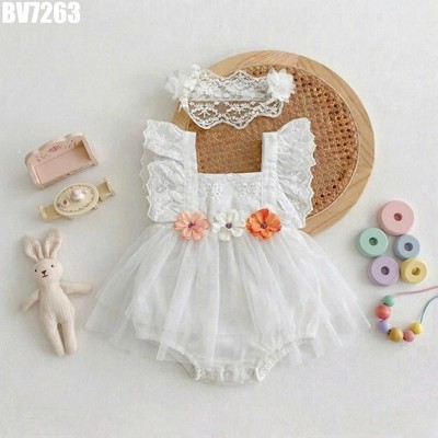 Body Váy Bé Gái Sơ Sinh Voan Phối Cánh Tiên Ren Thêu Băng Đô Đi Tiệc Đầy Tháng MINTSCLOSET BV7258