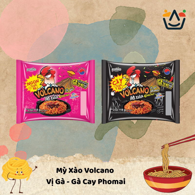 Thùng 24 Gói Mì Xào Volcano Vị Gà Cay/Gà Cay Phomai - Koreno 118 Gam