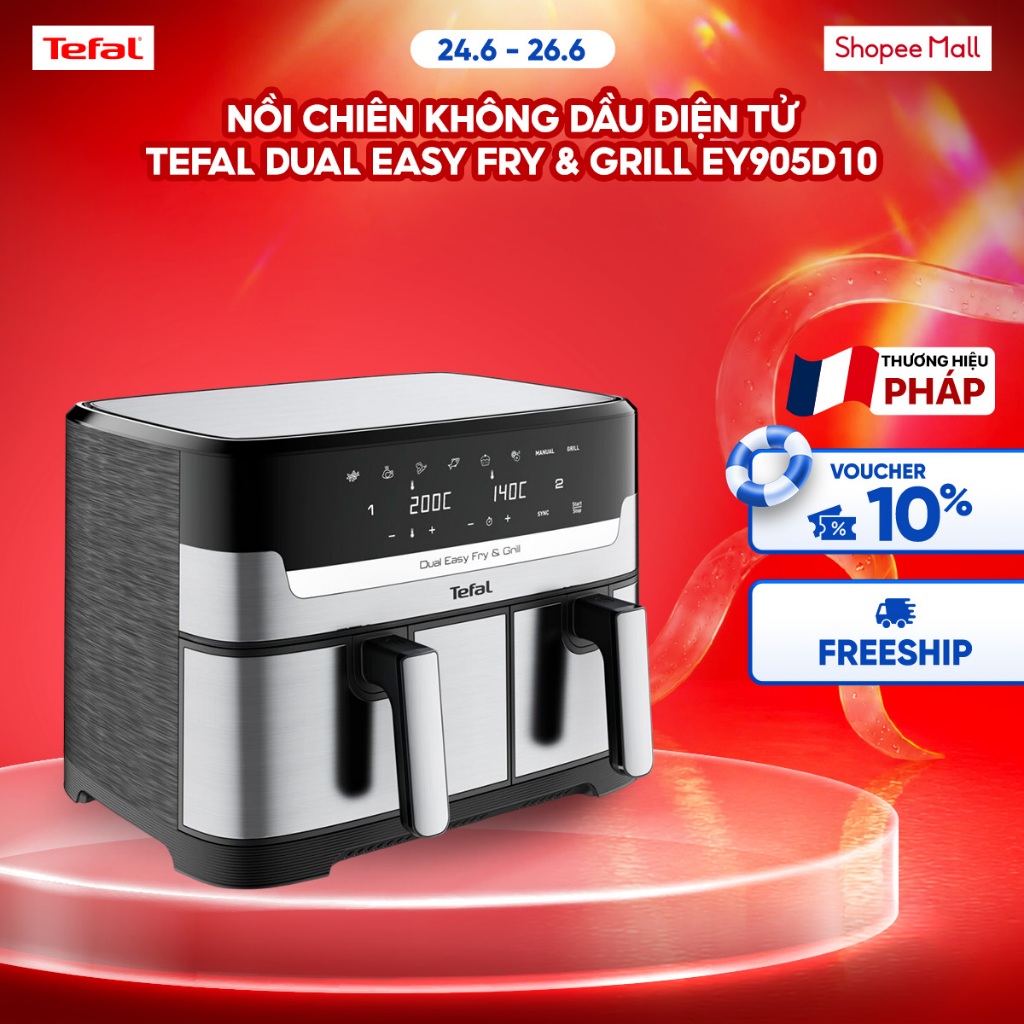 Nồi chiên không dầu điện tử 2 ngăn Tefal Dual Easy Fry & Grill EY905D10