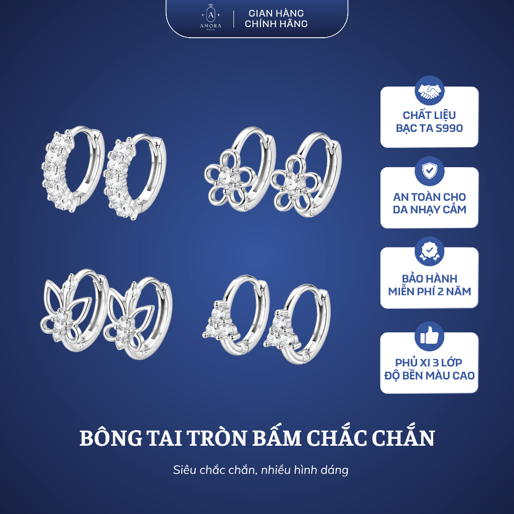 Bông tai nữ tròn bấm AMORA bạc ta S99 bông tròn dễ đeo chốt bấm ảnh thật AMORA JEWELRY BTT049