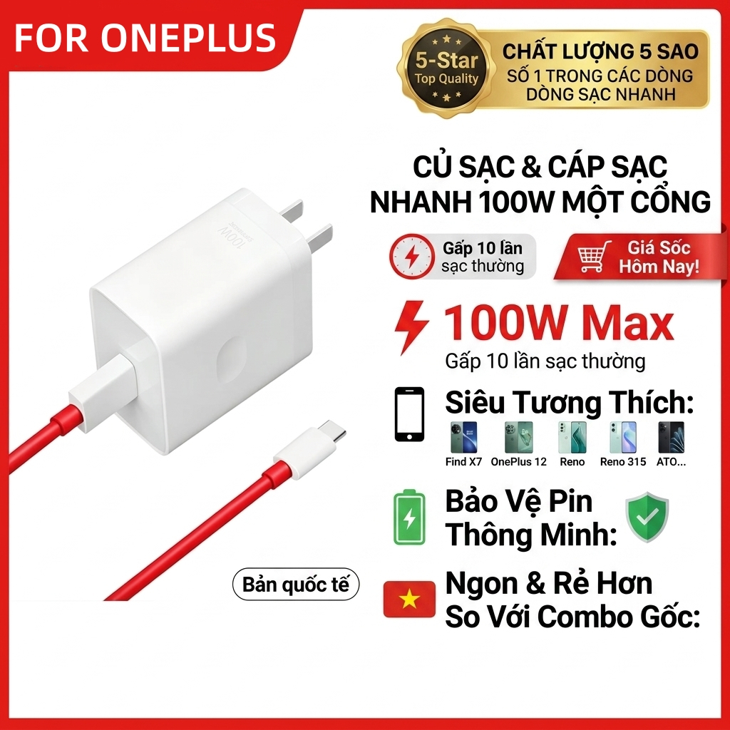 Bộ sạc nhanh SuperVOOC 100W dành cho OnePlus 13/12/12R/11/10T/10 Pro/9 Pro/8T, Nord CE 4/3/2T, Realm