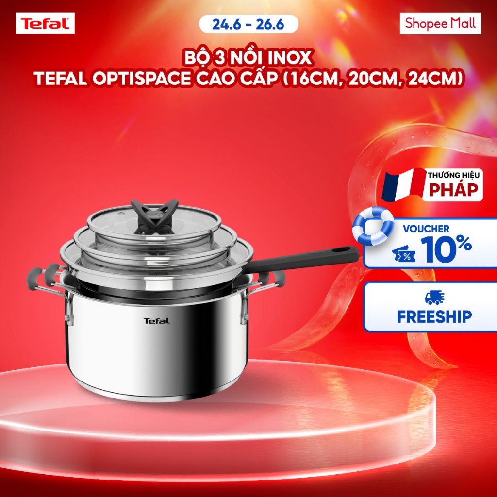 Bộ 3 nồi inox Tefal Optispace cao cấp (16cm, 20cm, 24cm)
