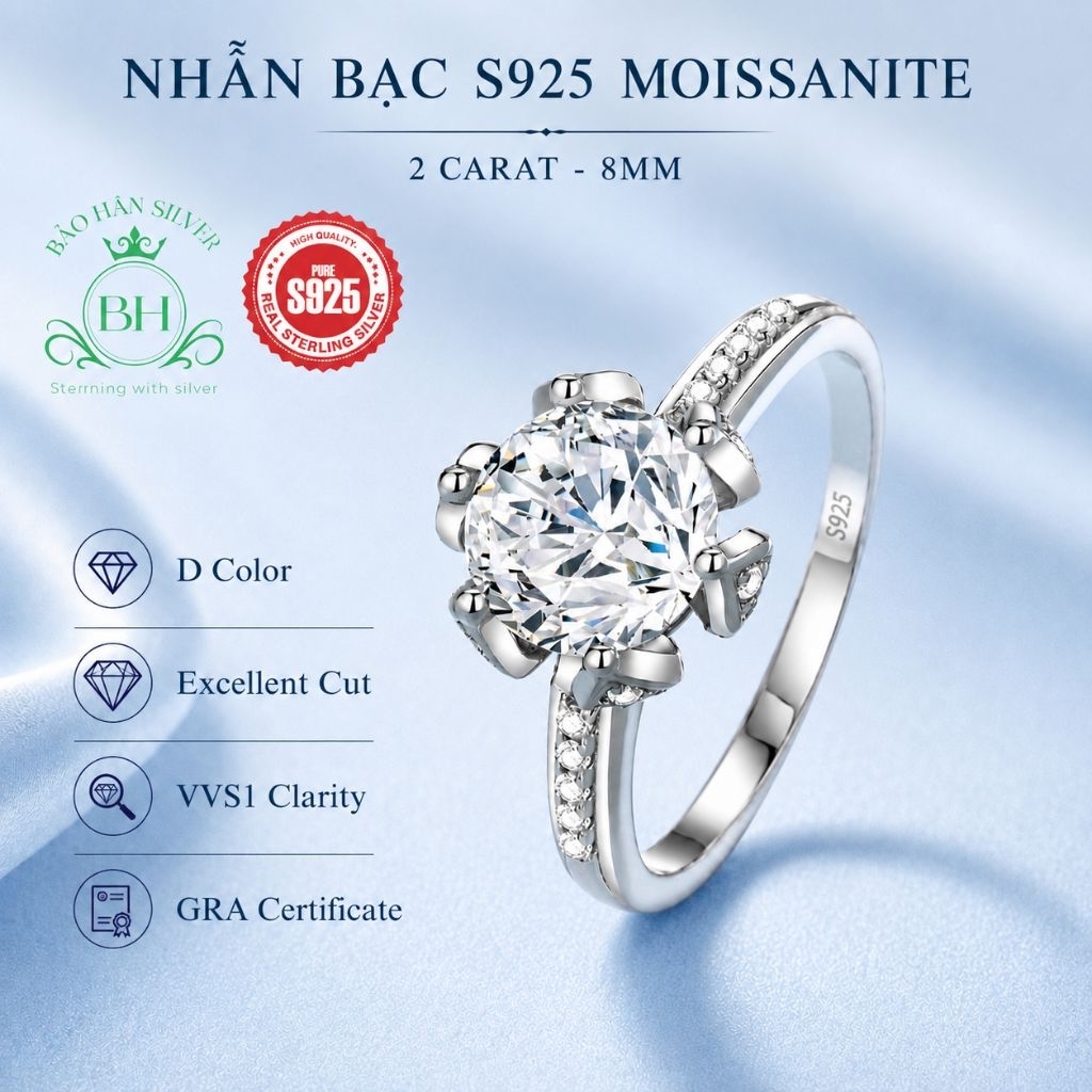 Moissanite 8ly 2 carat Nhẫn bạc nữ Moissanite nhẫn kim cương Moissanite bạc 925 nhẫn cầu hôn bạc nhẫ