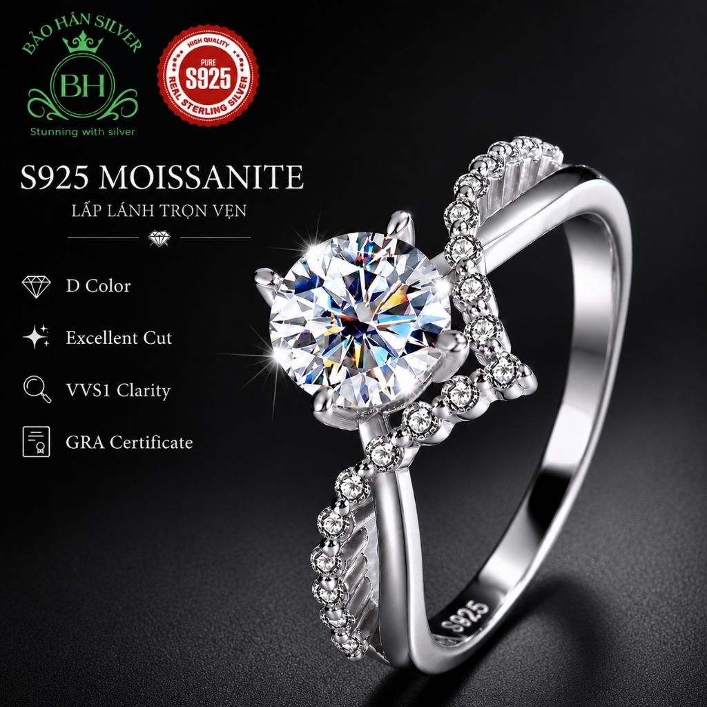 Moissanite 6.5ly 1carat Nhẫn bạc nữ Moissanite nhẫn kim cương Moissanite bạc 925 nhẫn cầu hôn bạc nh