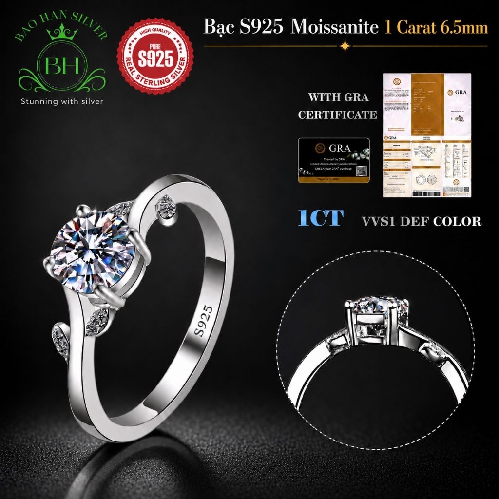 Moissanite 6.5ly 1carat Nhẫn bạc nữ Moissanite nhẫn kim cương Moissanite bạc 925 nhẫn cầu hôn bạc nh