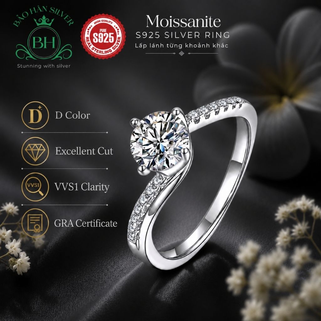 Moissanite 6.5ly 1carat Nhẫn bạc nữ Moissanite nhẫn kim cương Moissanite bạc 925 nhẫn cầu hôn bạc nh