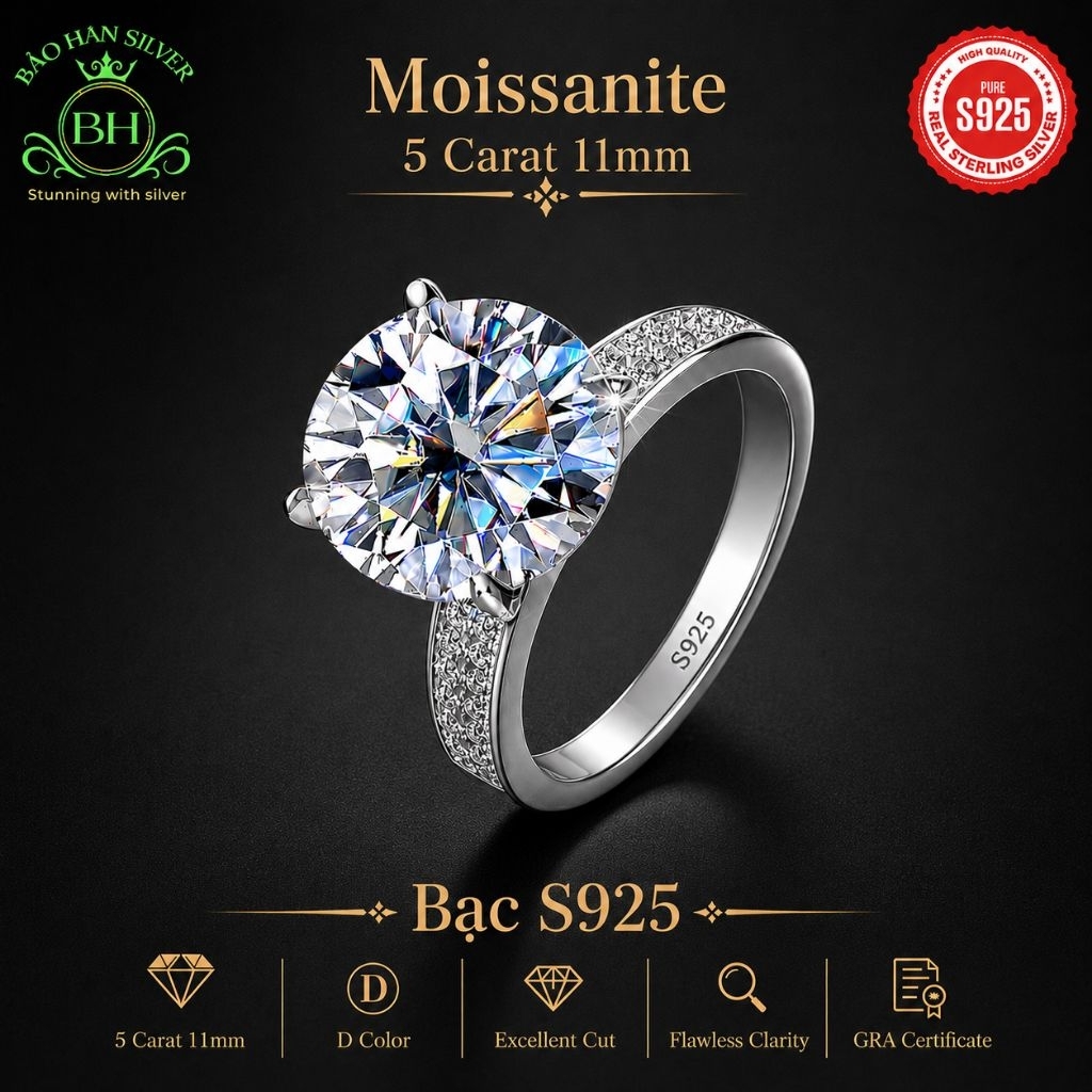 Moissanite 11ly 5 carat Nhẫn bạc nữ Moissanite nhẫn kim cương Moissanite bạc 925 nhẫn cầu hôn bạc nh