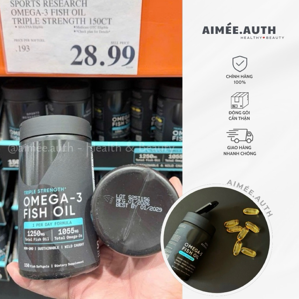 [Bill US - DATE 03/2029]  Viên uống dầu cá Omega 3 Sports Research Omega 3 Fish Oil 1250mg Triple St