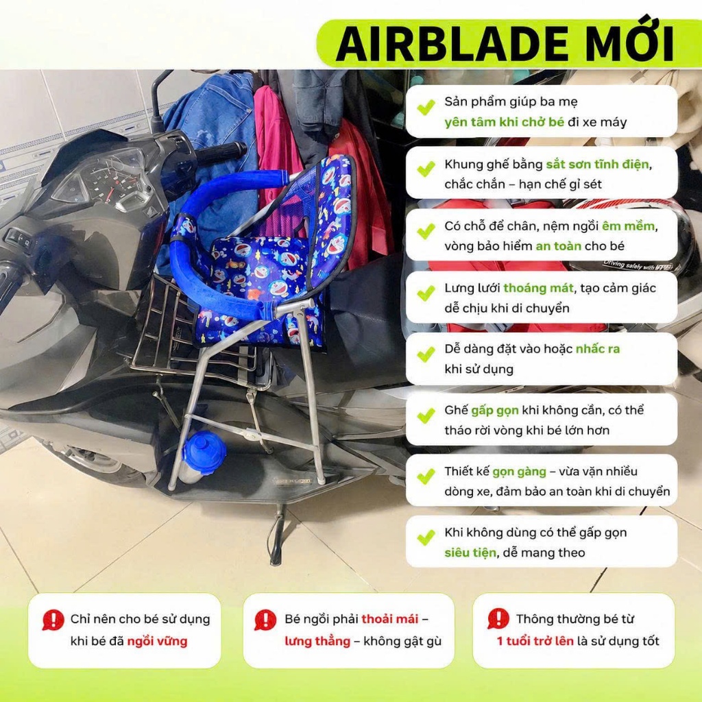 Ghế cho bé ngồi xe AB, Airblade, Airblade mới,Ghế đi xe máy (2014-2024) ,  ghế ga xếp sắt sơn tĩnh đ