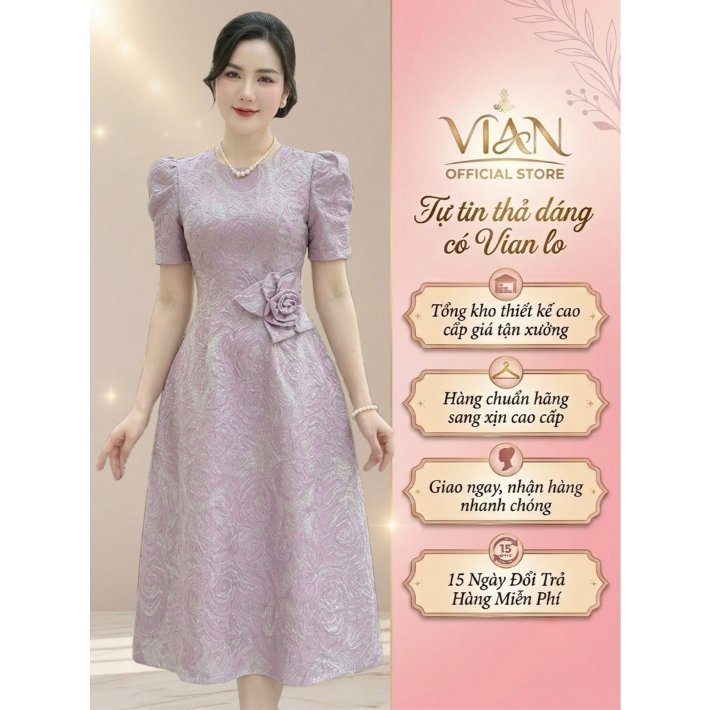 (Có sẵn) Váy Thiết Kế 4774 Với Gam Màu Tím Yêu Kiều, Chất Gấm Dập Vân Sang Trọng Từ