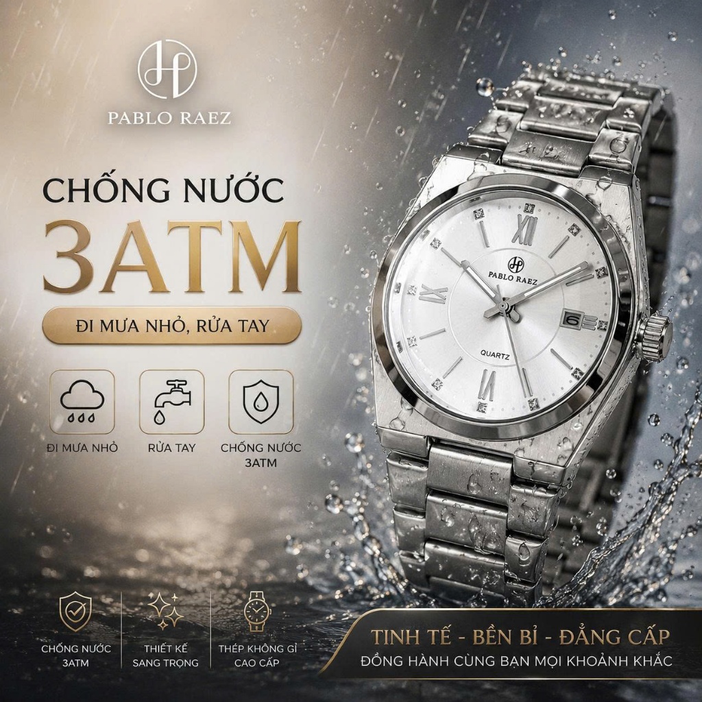 Đồng hồ nam chính hãng PABLO RAEZ K139 dây thép không gỉ sang trọng chống nước