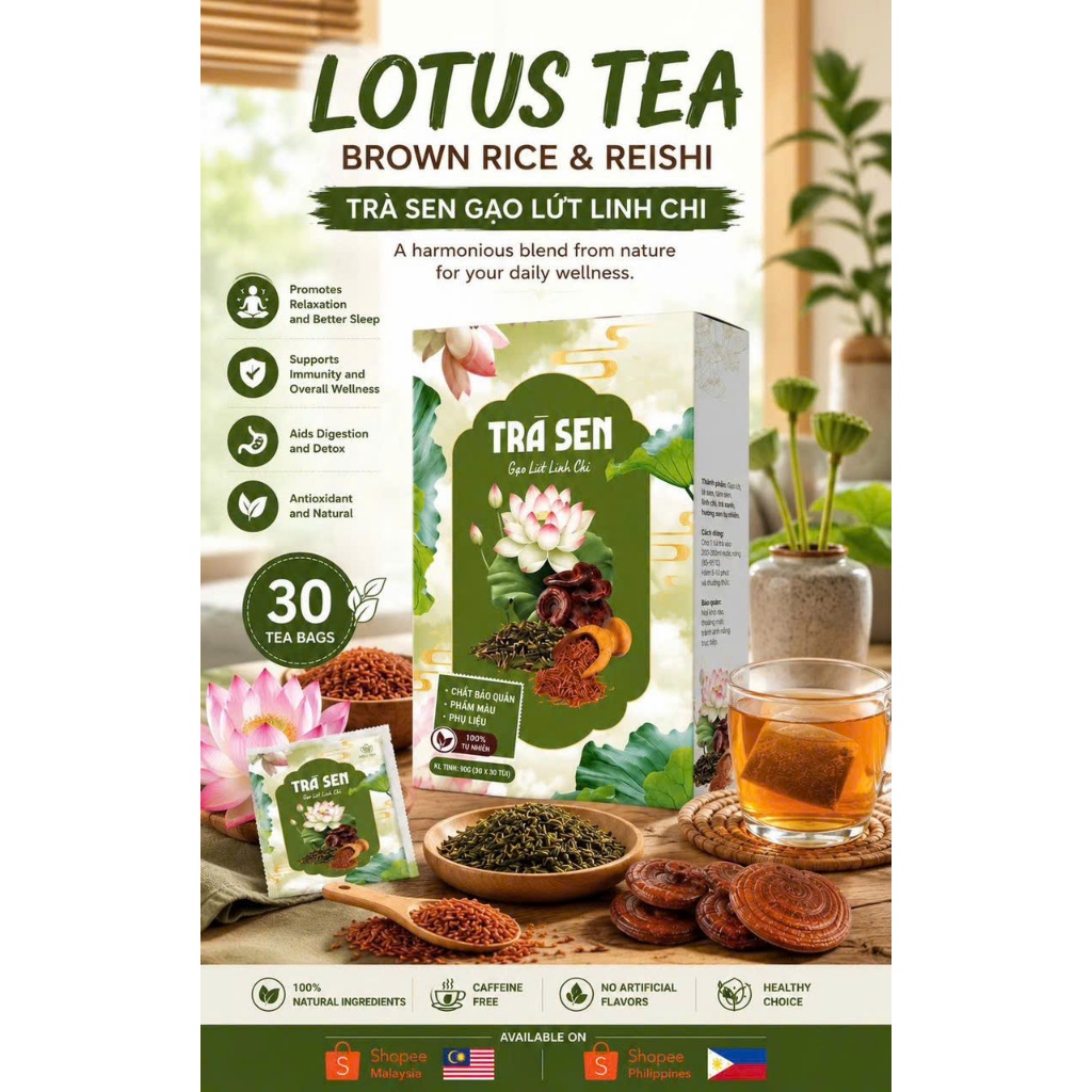 Lotus Brown Rice Reishi Tea Bags | Natural Herbal Blend Tea for Relaxing Tea Moments