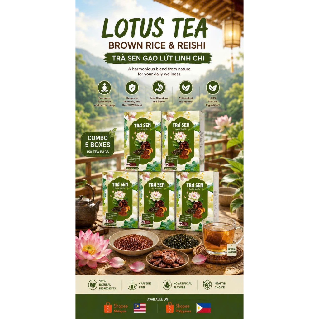 Best Deal Lotus Brown Rice Reishi Tea 5 Boxes Pack | Super Saver Natural Herbal Tea Combo Online