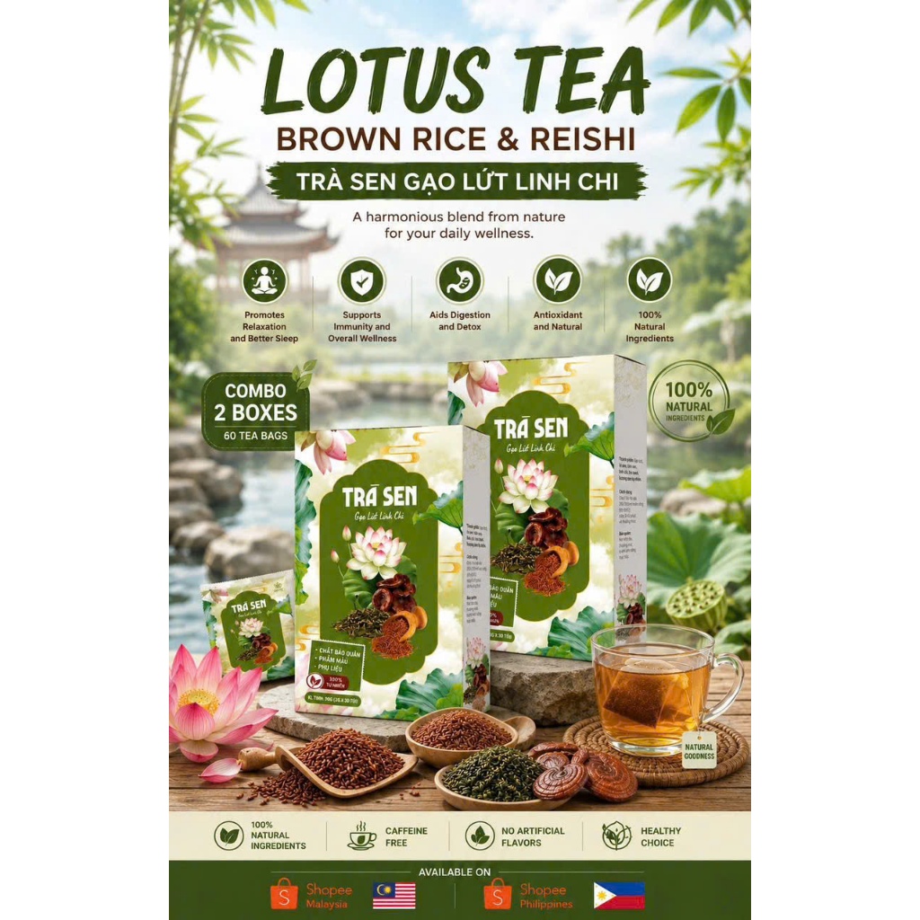 Best Deal Lotus Brown Rice Reishi Tea 2 Boxes Pack | Natural Herbal Tea Bags Online Special Offer