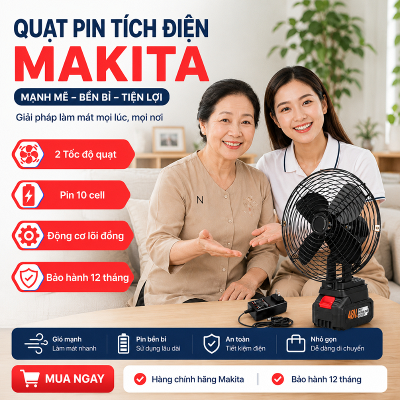 Quạt Tích Điện Makita 48V Chính Hãng – Gió Cực Mạnh, Pin Trâu, Mát Suốt Ngày Dài