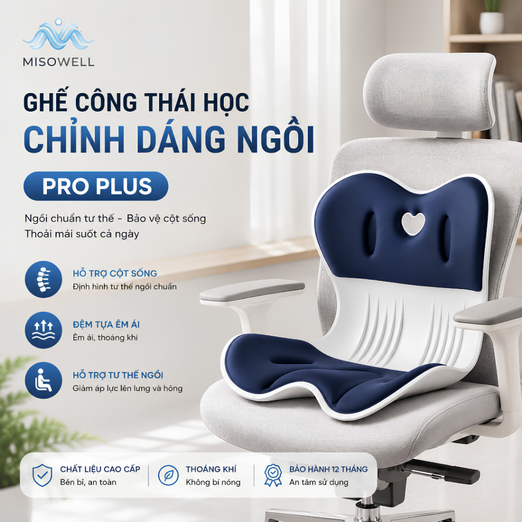 (BẢN PRO PLUS) Ghế Công Thái Học Chỉnh Dáng MisoWell – Giảm Áp Lực Cột Sống, Ngăn Ngừa Mỏi Lưng HB050
