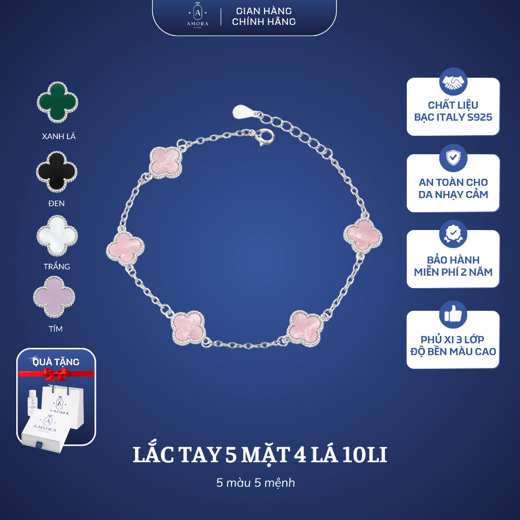 Lắc tay nữ cỏ 4 lá AMORA bạc S925 thiết kế 5 mặt lá bản 8LI&10LI AMORA JEWELRY