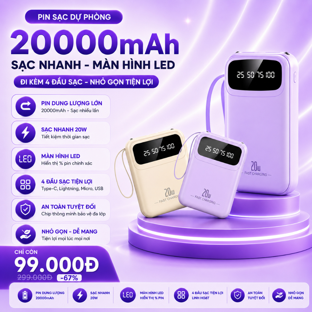 Pin Dự Phòng Mini 20000mAh - Sạc Nhanh, Nhỏ Gọn Tiện Lợi Cho Điện Thoại | BigBuy360 - bigbuy360.vn