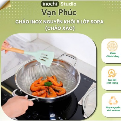 Chảo Inox Nguyên Khối 5 Lớp Sora 28cm Inochi Studio – Inox 304, Không Phủ Chống Dính, Dùng Bếp Từ