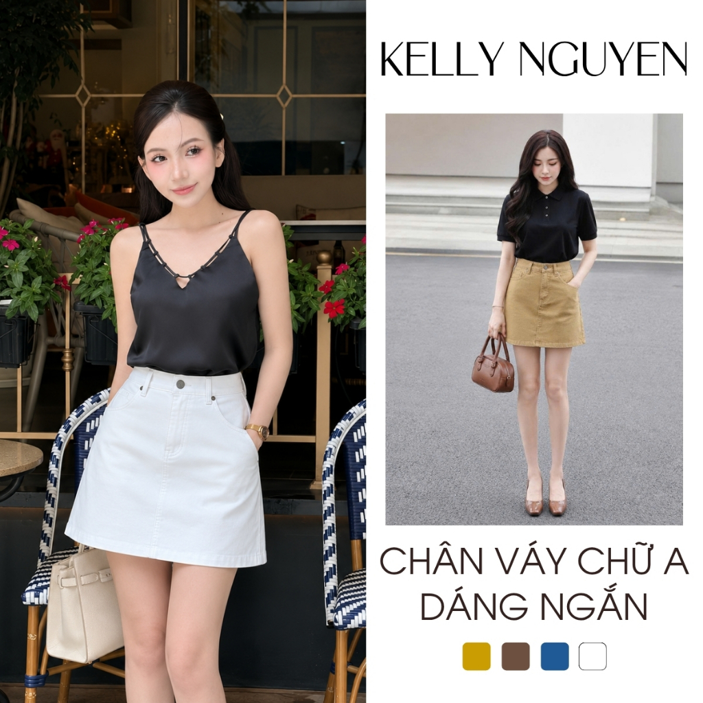 Chân váy jean chữ A ngắn KELLY NGUYỄN chất vải demin co giãn, có quần bảo hộ không lộ | CVJ007