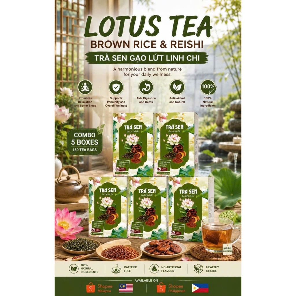 Best Deal 5 Boxes Lotus Brown Rice Reishi Tea | Natural Herbal Tea Bags Super Saver Pack