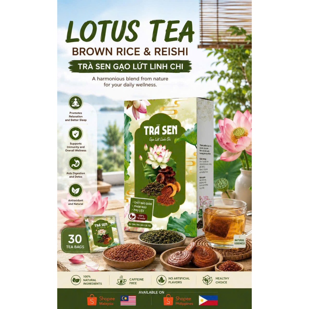 Buy Lotus Brown Rice & Reishi Tea Online | Natural Herbal Tea Bags for Relaxing Tea Moments