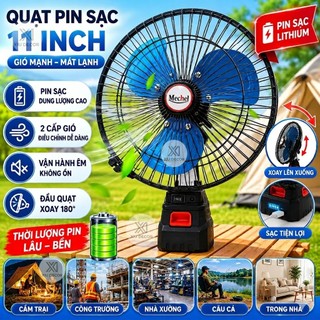 Quạt Pin Sạc Mechel 11 Inch – Quạt Tích Điện 21V Gió Mạnh, 2 Tốc Độ, Tiết Kiệm Điện XIU DECOR