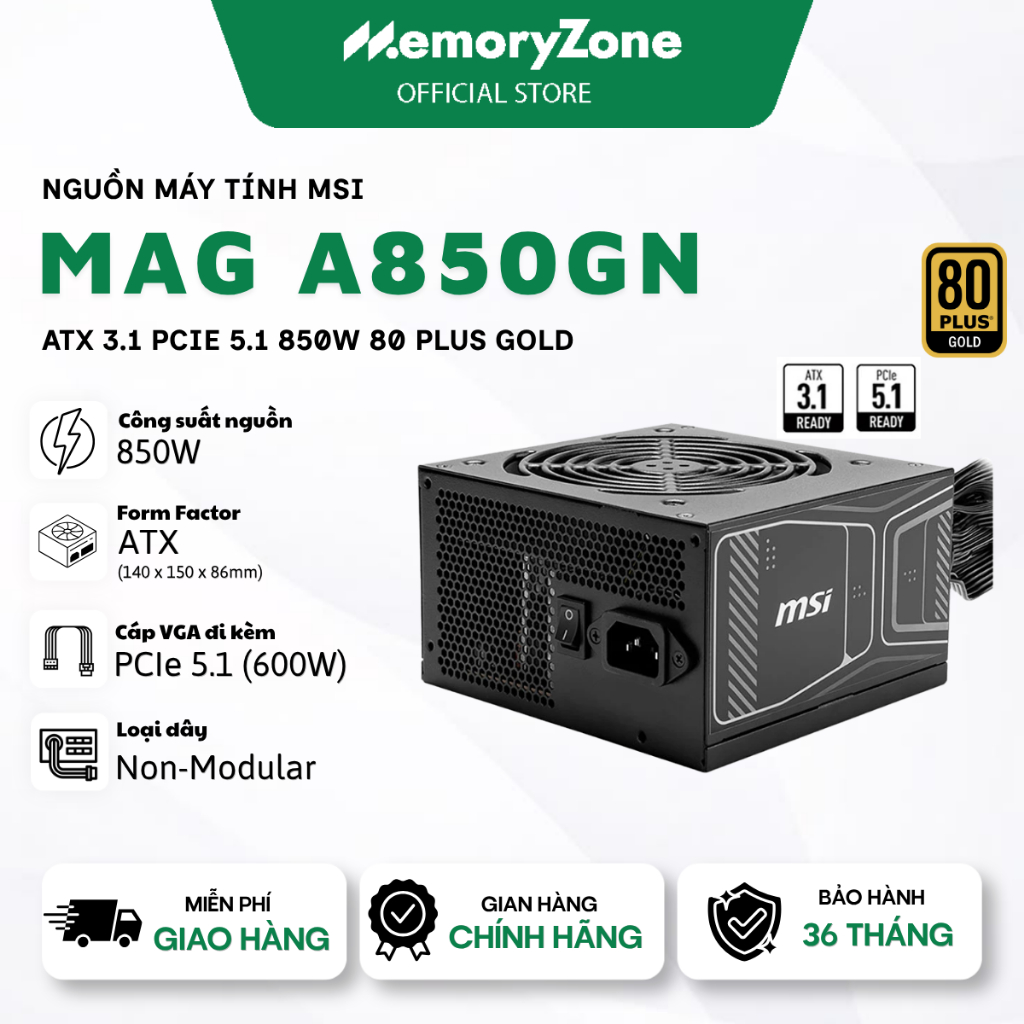 Nguồn máy tính MSI MAG A850GN ATX 3.1 PCIe 5.1 850W 80 Plus Gold - Bảo hành 36 tháng chính hãng