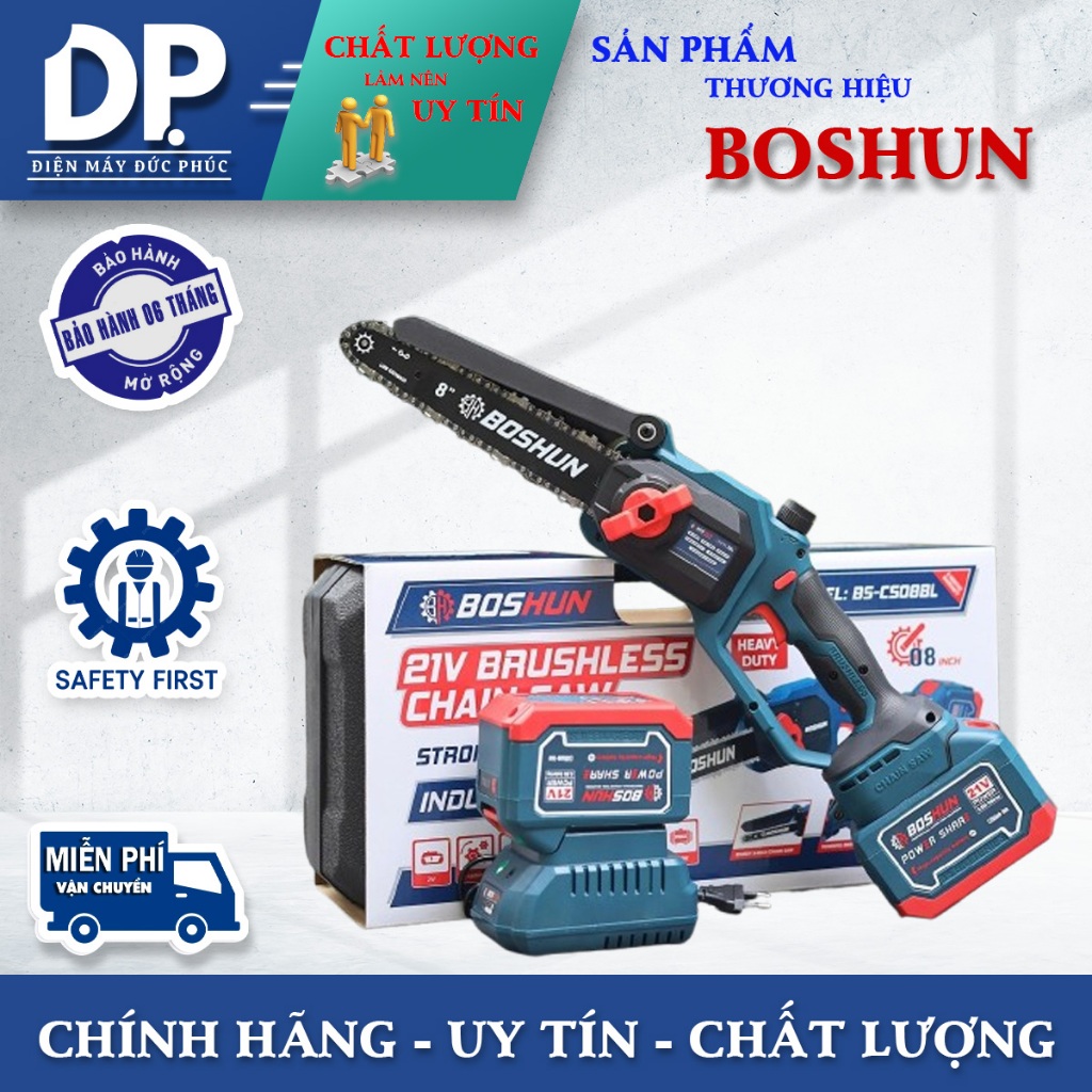 Máy Cưa Xích BOSHUN BS-CS08BL, Lam Xích 8inch, Không Chổi Than - 15cell - Có Tra Nhớt