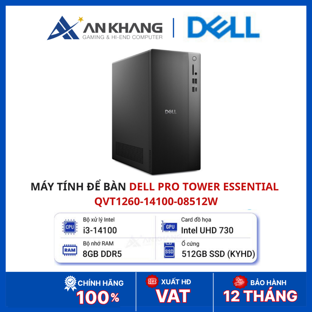 Máy tính để bàn Dell Pro Tower Essential QVT1260 QVT1260-14100-08512W | Core i3-14100 | RAM 8GB DDR5