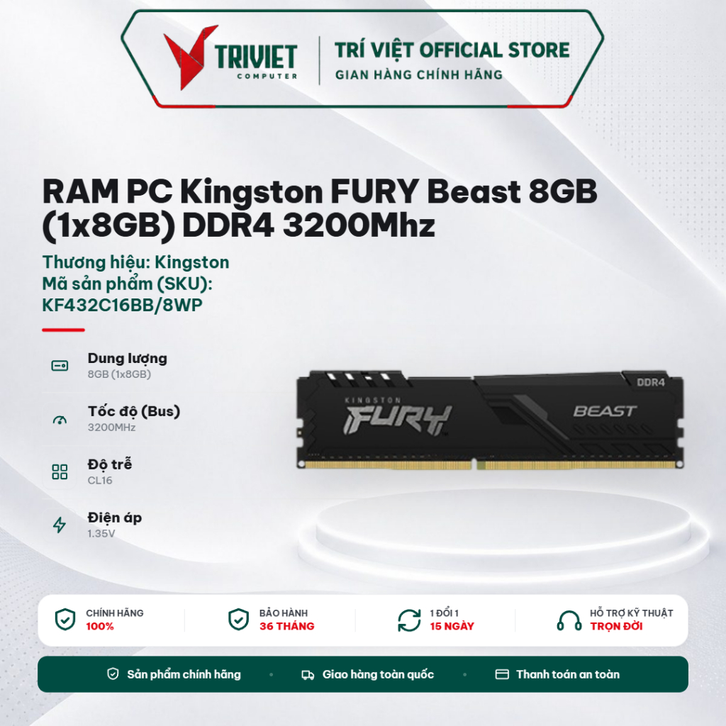 RAM PC Kingston FURY Beast 8GB (1x8GB) DDR4 3200Mhz (KF432C16BB/8WP) - Tản Nhiệt Nhôm, Hiệu Năng Cao