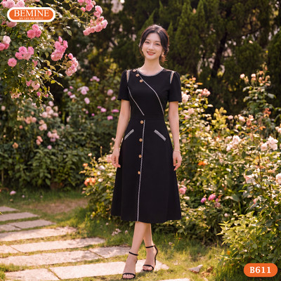 Đầm thiết kế BEMINE cổ tròn phối viền caro đính cúc dáng chữ A phù hợp đi làm-B611