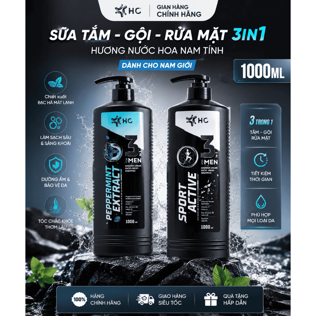 Sữa Tắm Gội Dưỡng Thể HC For Men 3 in 1 Chai 1000ml - Hương Nước Hoa, Chăm sóc sức khỏe nam giới