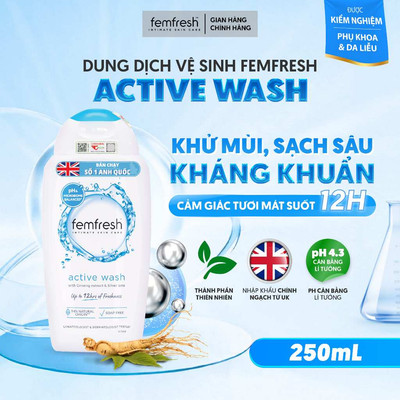 Dung Dịch Vệ Sinh Phụ nữ Cho Người Ưa Vận Động Giúp Vùng Kín Sạch, Thơm, Tươi Mới Femfresh Active Fresh Wash 250ml UK