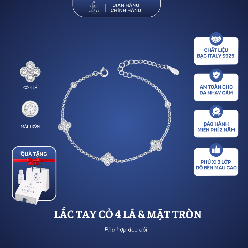 Lắc tay nữ cỏ 4 lá AMORA thiết kế nhỏ nhắn basic bạc S925 AMORA JEWELRY LTN13330