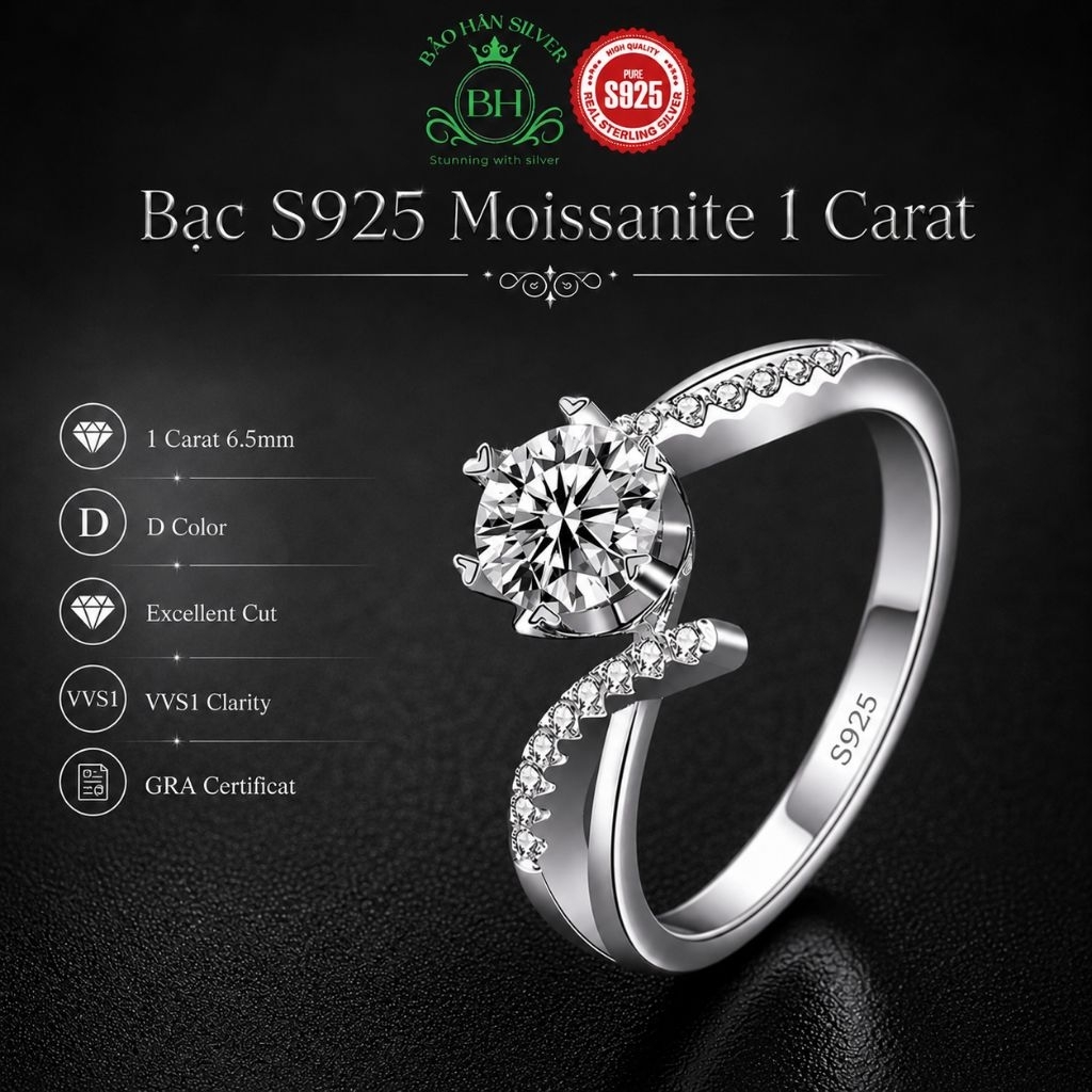 Moissanite 6.5ly 1 carat Nhẫn bạc nữ Moissanite nhẫn kim cương Moissanite bạc 925 nhẫn cầu hôn bạc n