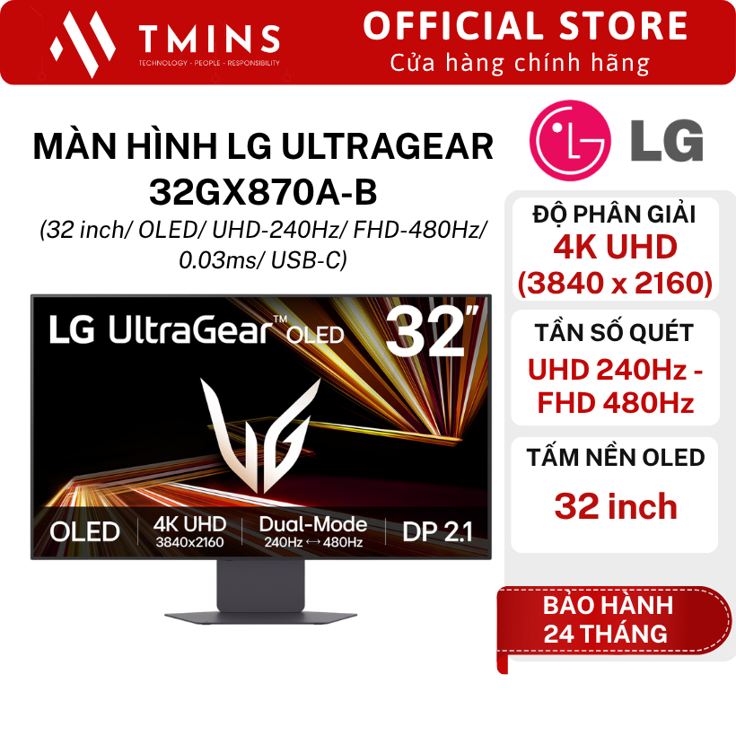 Màn hình LG UltraGear 32GX870A-B (32 inch/ OLED/ UHD-240Hz/ FHD-480Hz/ 0.03ms/ USB-C) - Chính hãng
