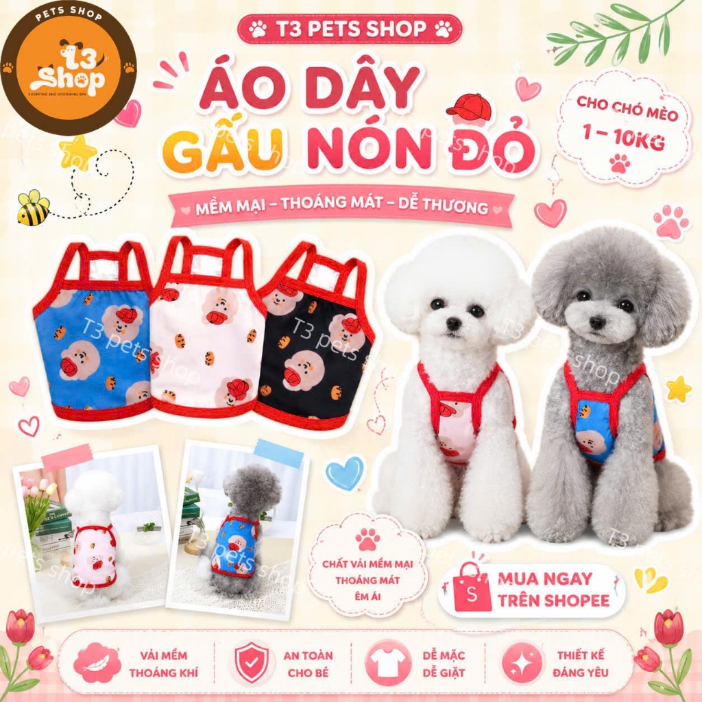áo 2 dây in bear đội nón đỏ cho chó mèo - T3 PETS SHOP