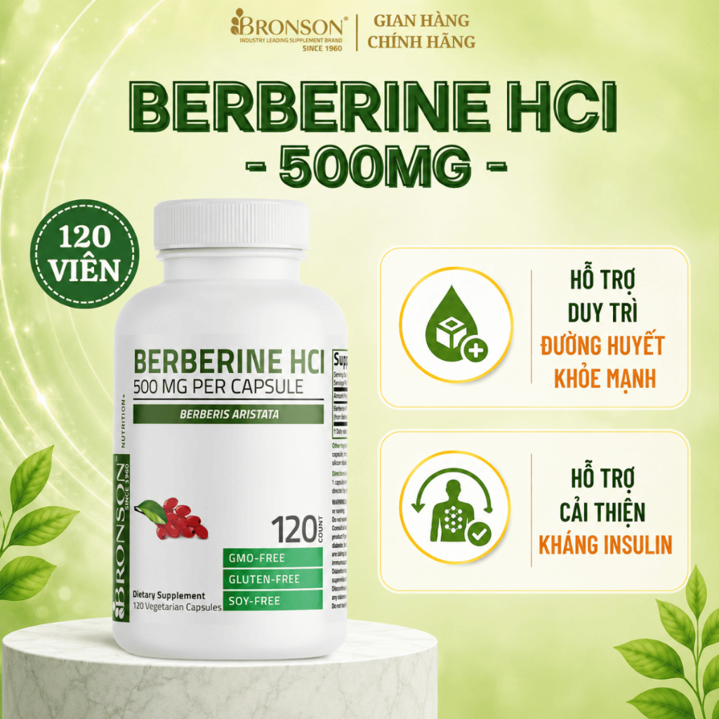 [NEW 2026] Viên Uống Hỗ Trợ Đường Huyết Bronson Berberine HCL 500mg, Giúp Cải Thiện Kháng Insulin Hi